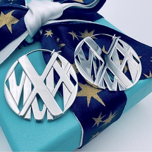 RARE Tiffany & Co. Atlas Disc Hoop Earrings in Sterling Silver Presentation Box - Picture 1 of 10